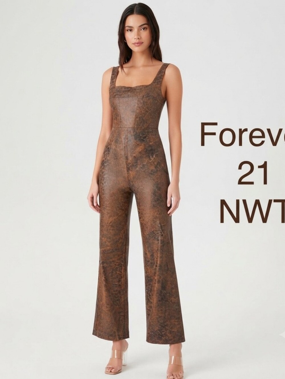 Forever 21 Vintage Distressed Faux Leather Wide Leg Jumpsuit. L